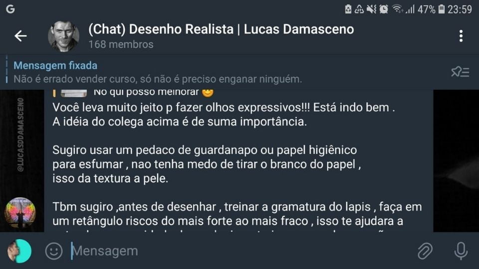 Print do grupo de desenho realista no Telegram, ilustrando a importância das avaliações para saber se estão aprendendo a desenhar.