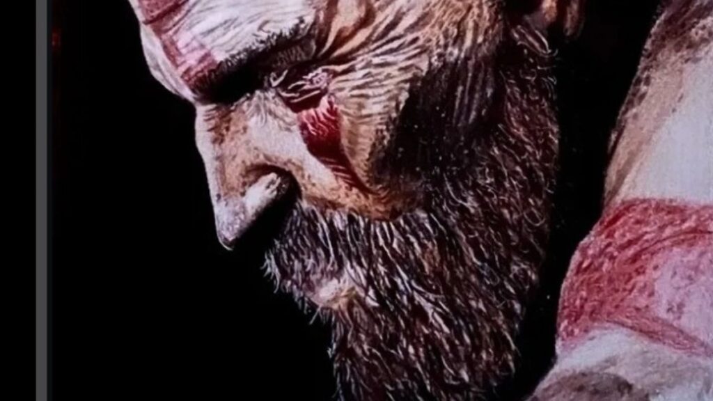 Arte do Deus da Guerra feita pela desenhista Ágatha, ilustrando o conteúdo desenhos do Kratos.