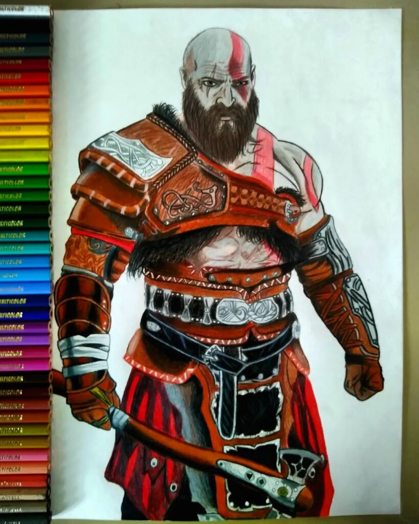 Desenho do Kratos de corpo quase completo no jogo Deus da Guerra, feito pelo desenhista Felipe.