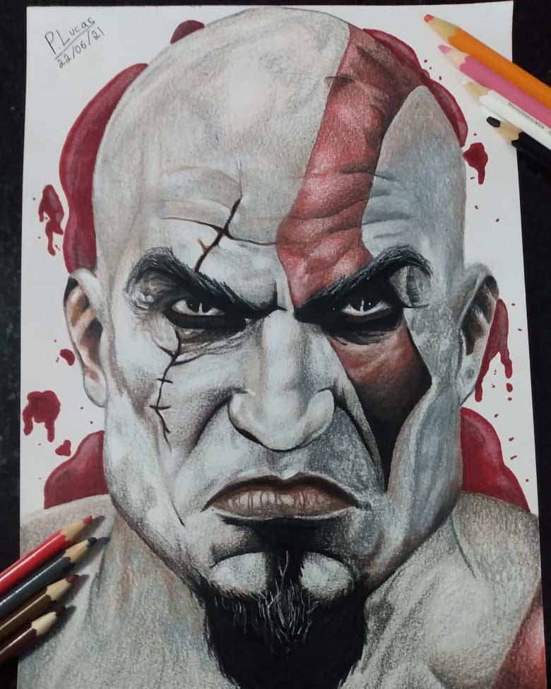 Desenho realista colorido do Kratos com visual clássico feito pelo desenhista Pedro Lucas.