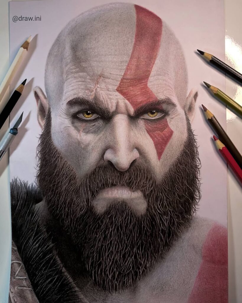 Desenho realista da pose icônica do Kratos nos jogos atuais feito pelo desenhista Guilherme Nicolau.