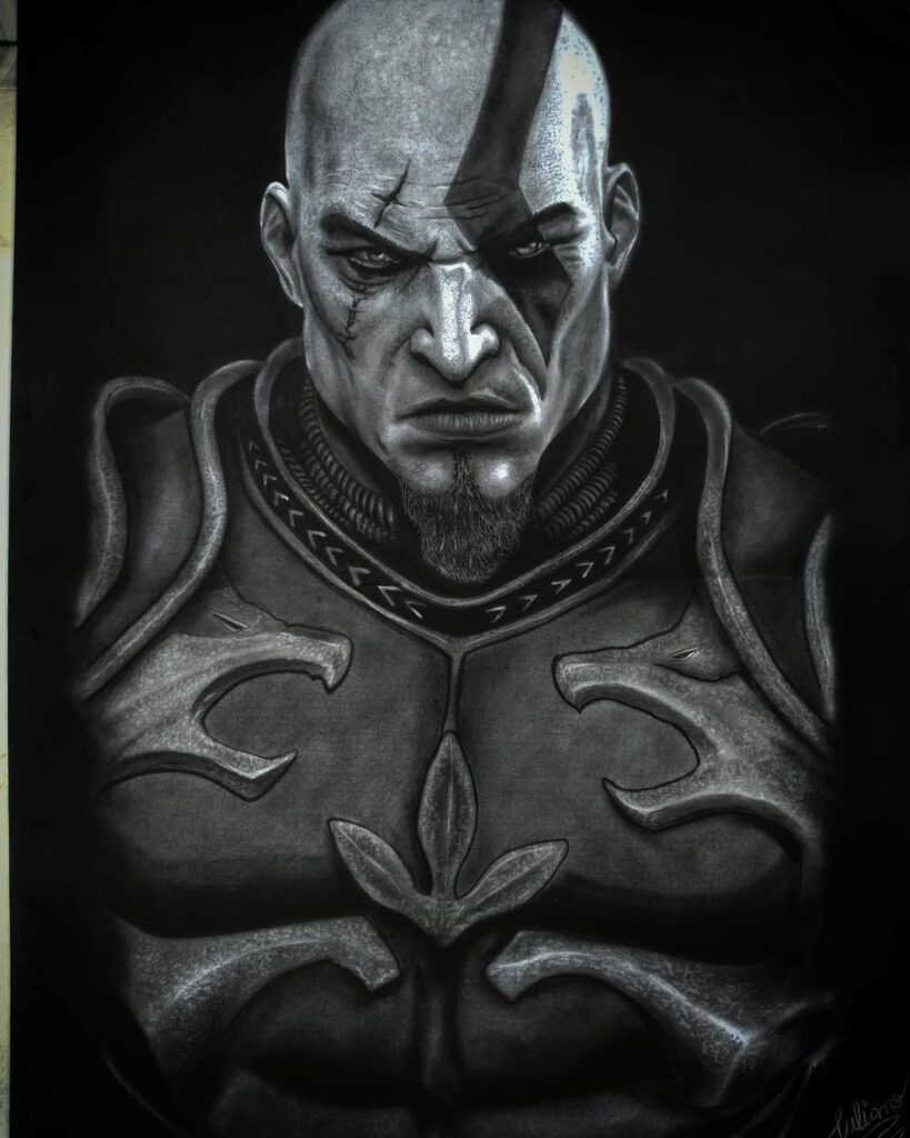Desenho realista do Kratos com visual clássico de armadura feito pelo desenhista Juliano.