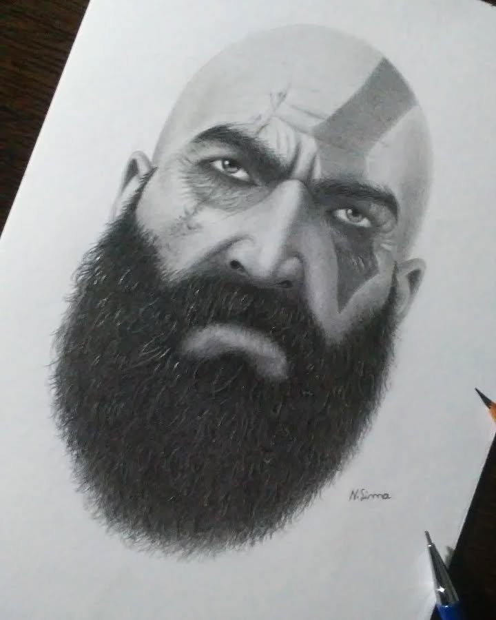 Desenho realista do rosto do Kratos feito pela desenhista Natalia Lima.