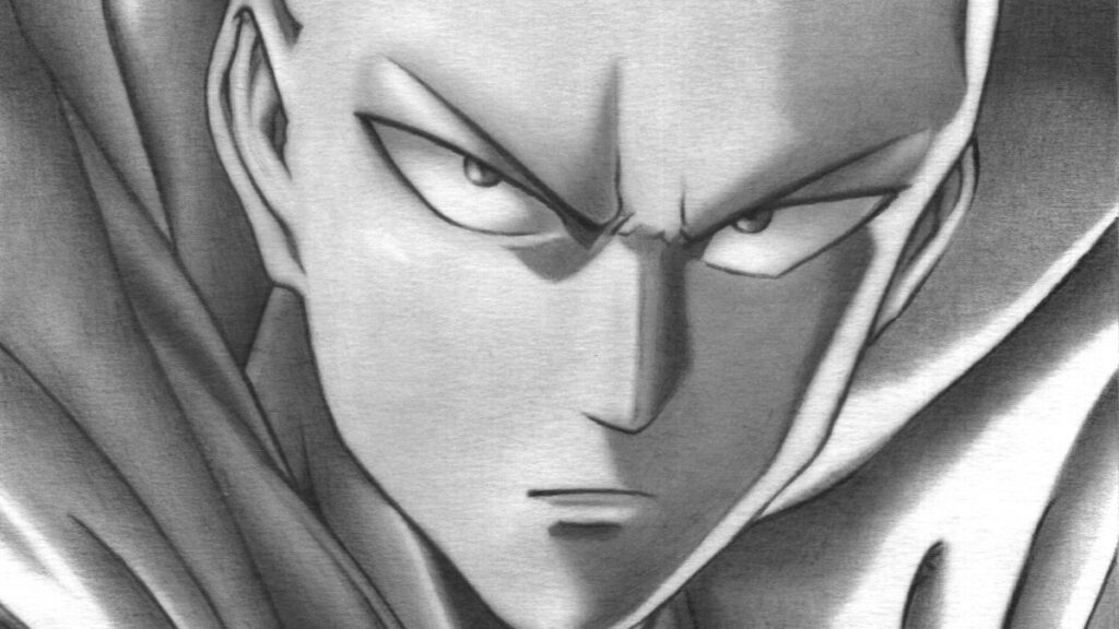 Desenho semi-realista do Saitama, ilustrando o conteúdo.